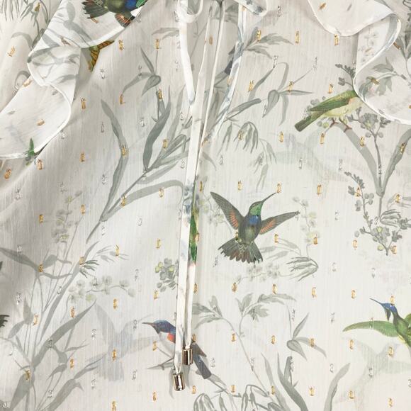 NWOT TED BAKER Top 1/4 Ivory Chiffon Hummingbird Gold Silver Swiss-Dot Long-Slv - Picture 5 of 13